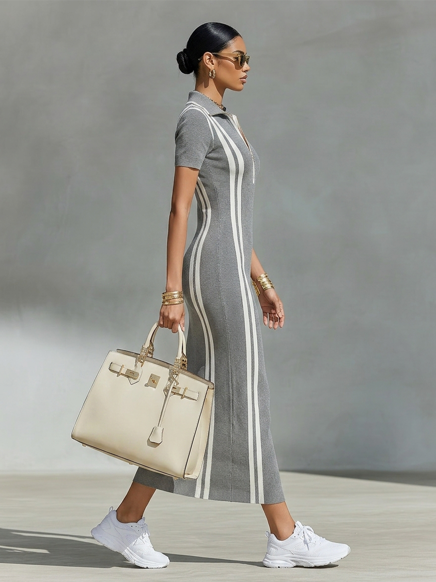 Women's Grey Stretchy Knit Zip Polo Collar & Vertical Side Stripes Maxi Dress MDZ2497F8LYL
