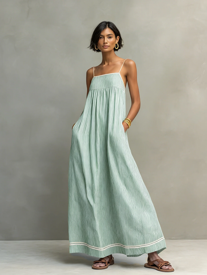 Women's Minimalist Striped Maxi Dress With Red Trim And Spaghetti Straps MDZ2710C3Y