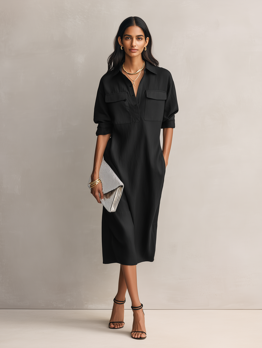 Women's Elegant Black Cotton-linen Blend Shirt Collar Short-sleeved Midi Dress MDZ0455C2AN