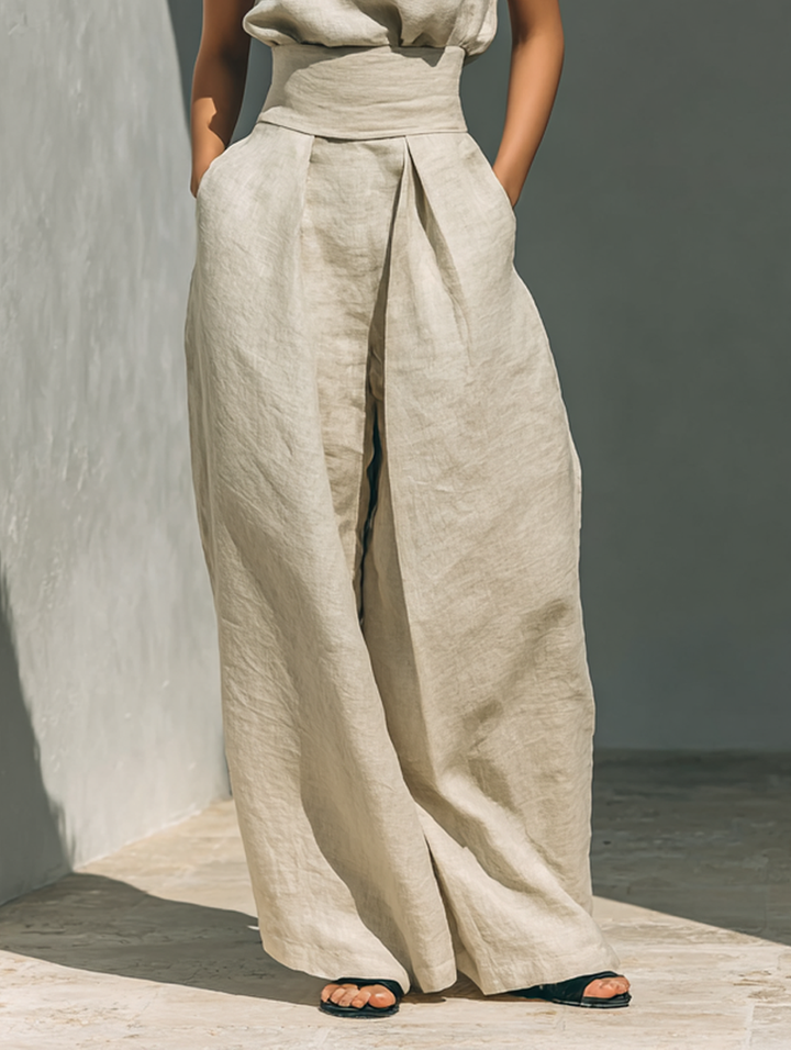 Women's Minimalist Cotton And Linen Blend Sleeveless Blouse And Wide-leg Pants Set MDZ0873A5Y
