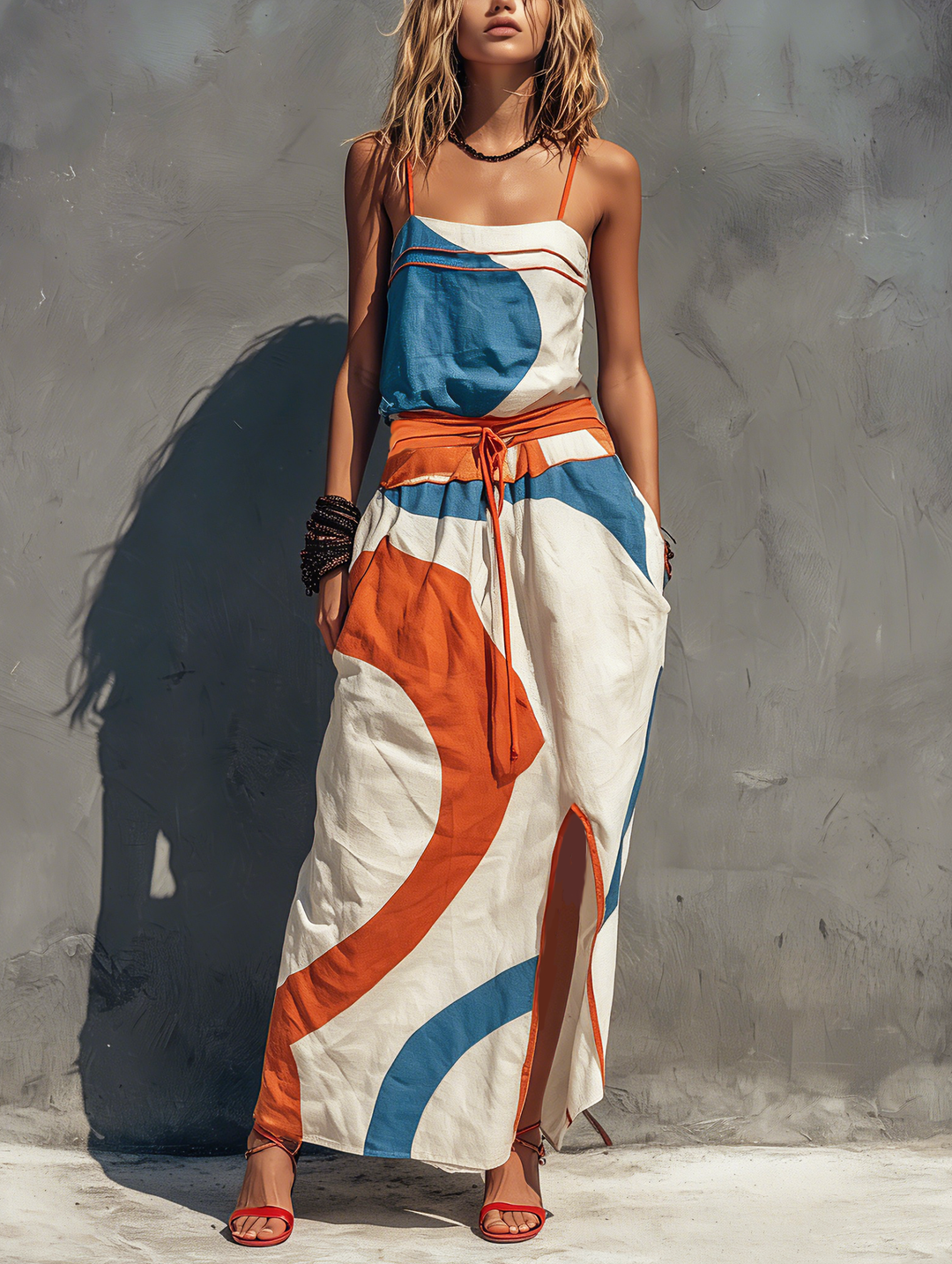 Women's Casual Printed Woven Sleeveless Maxi Dress With Spaghetti Straps MDZ0991F2LXY
