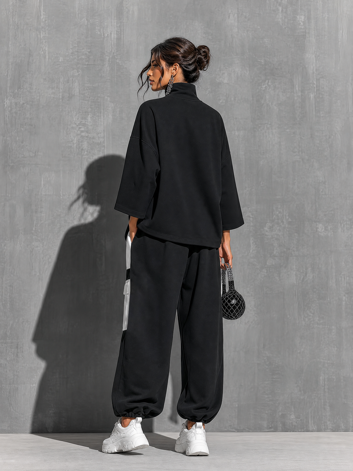 Women’s Black Cotton Knit Oversized High Neck 3/4 Sleeve Sweatshirt & Elastic Cuff Color Block White Patch Pocket Jogger Cargo Pants Two Piece Tracksuit Set MDZ0696G6YZJ