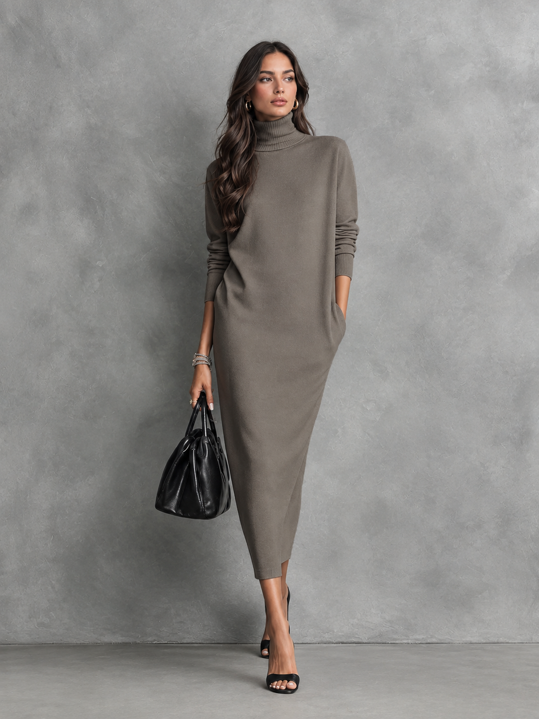 Chic Black Turtleneck Knit Midi Dress - Long Sleeve & Relaxed Fit