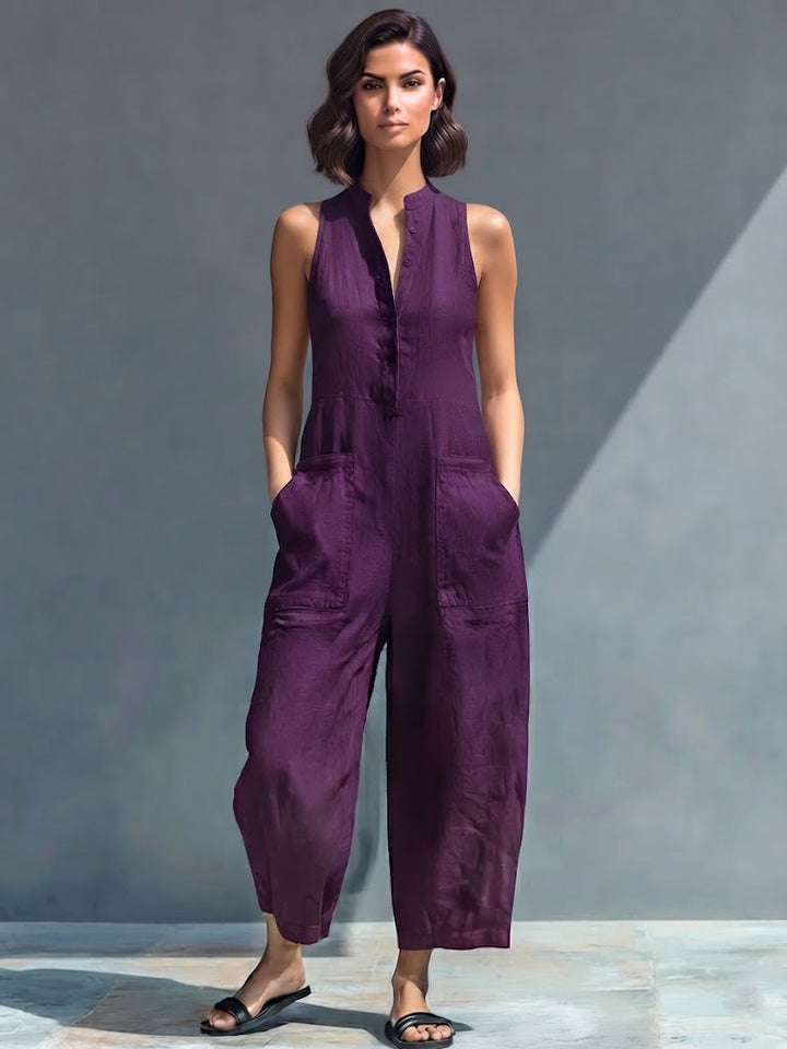 Women's Casual Cotton-Poly Blend Button-Front Sleeveless Jumpsuit