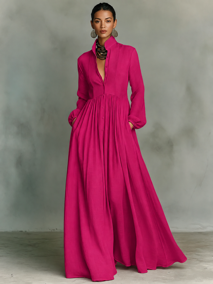 Women's Minimalist Cotton And Linen Patchwork Single-breasted Stand-up Collar Long-sleeved Maxi Dress