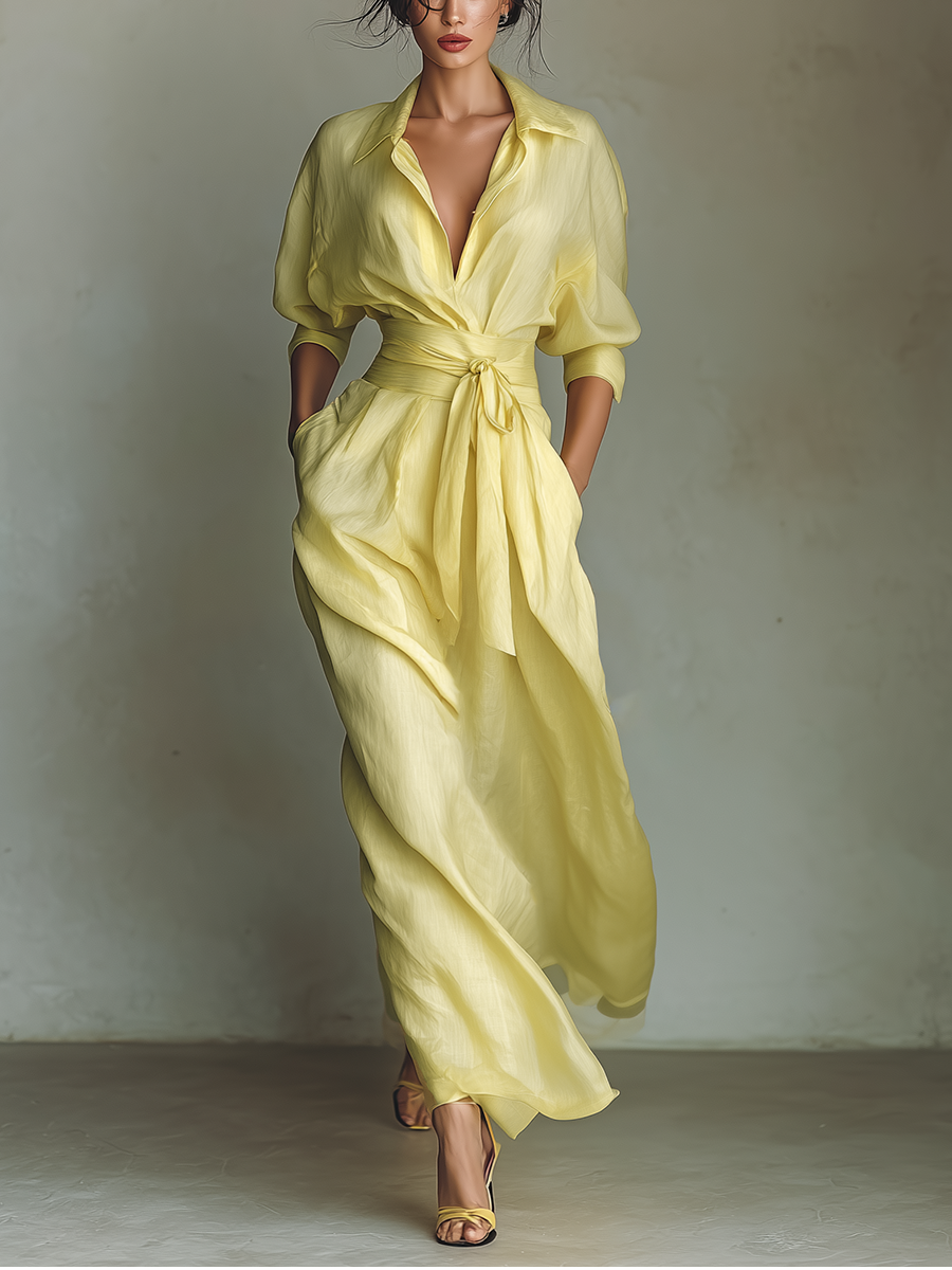 Women's Lemon Yellow Cotton And Linen Blend Maxi Shirt Dress With Tie Waist & Half Sleeves MDZ2884A4T