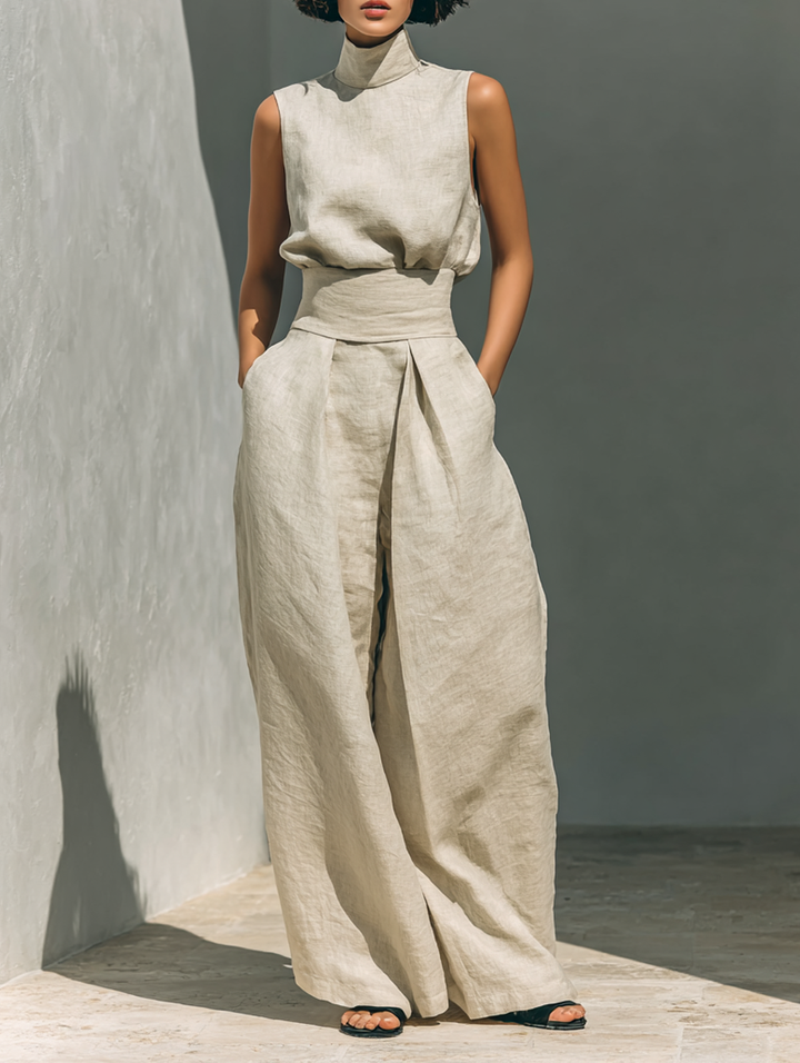 Women's Minimalist Cotton And Linen Blend Sleeveless Blouse And Wide-leg Pants Set MDZ0873A5Y