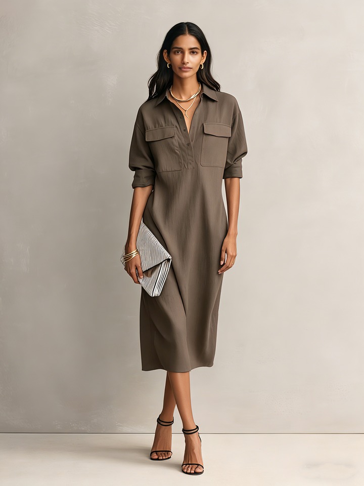 Women's Elegant Black Cotton-linen Blend Shirt Collar Short-sleeved Midi Dress MDZ0455C2AN