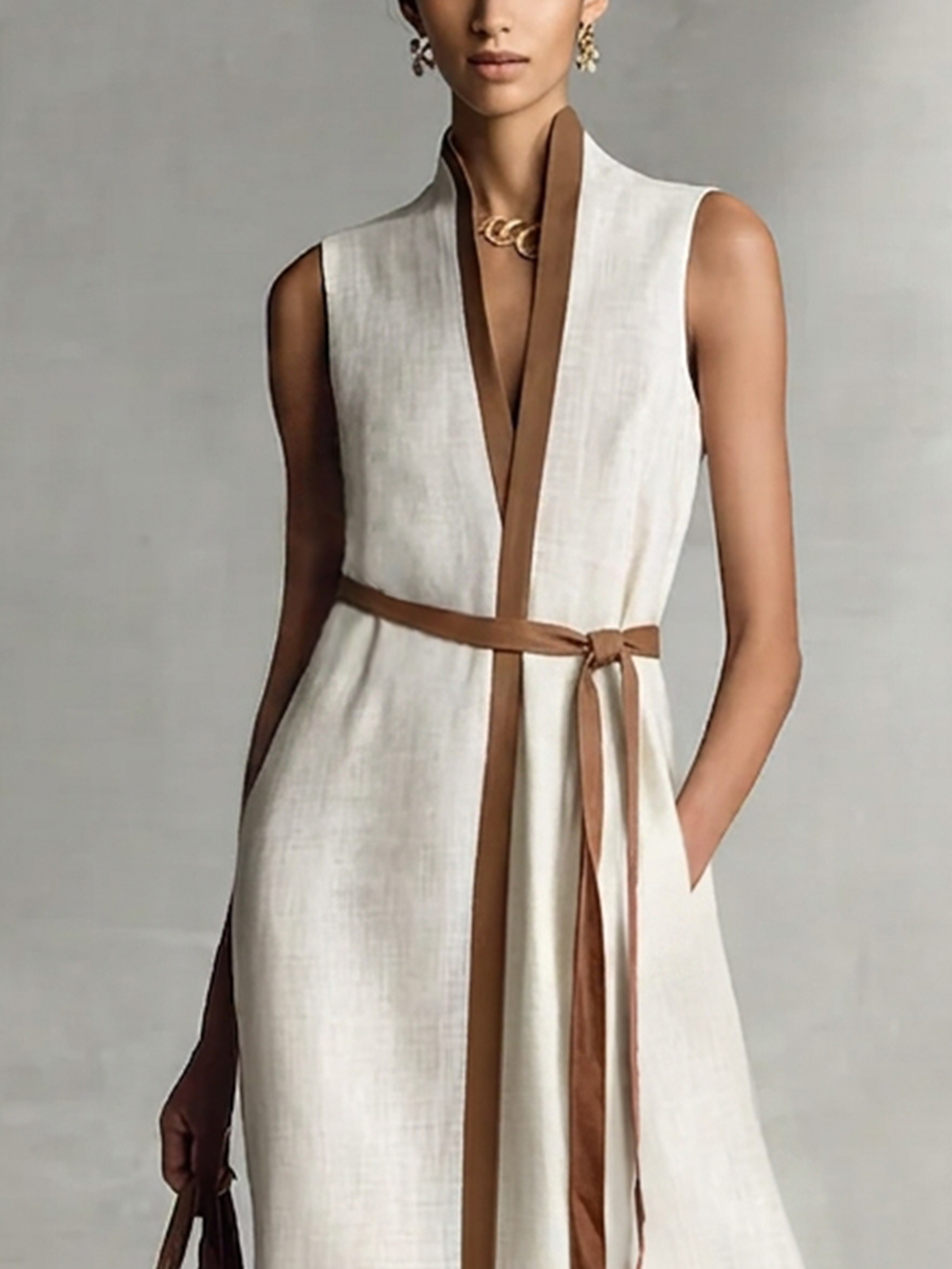 Women's Sleeveless V-Neck Tie-Waist Cotton Linen Maxi Dress MDZ1153B7BA