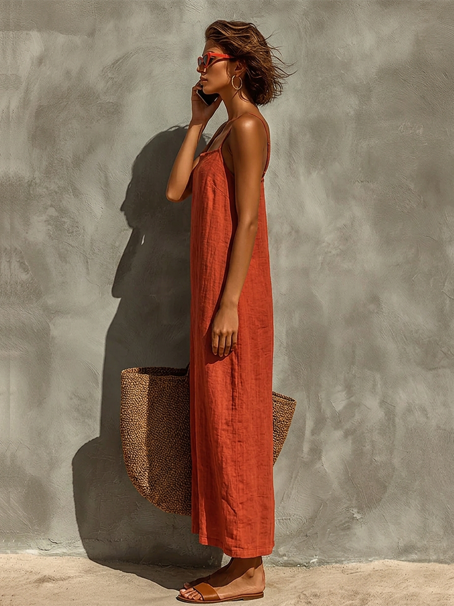 Women's Red Cotton Dress With Spaghetti Straps & Square Neck, Timeless Boho-Resort Style Dress MDZ0924C3I