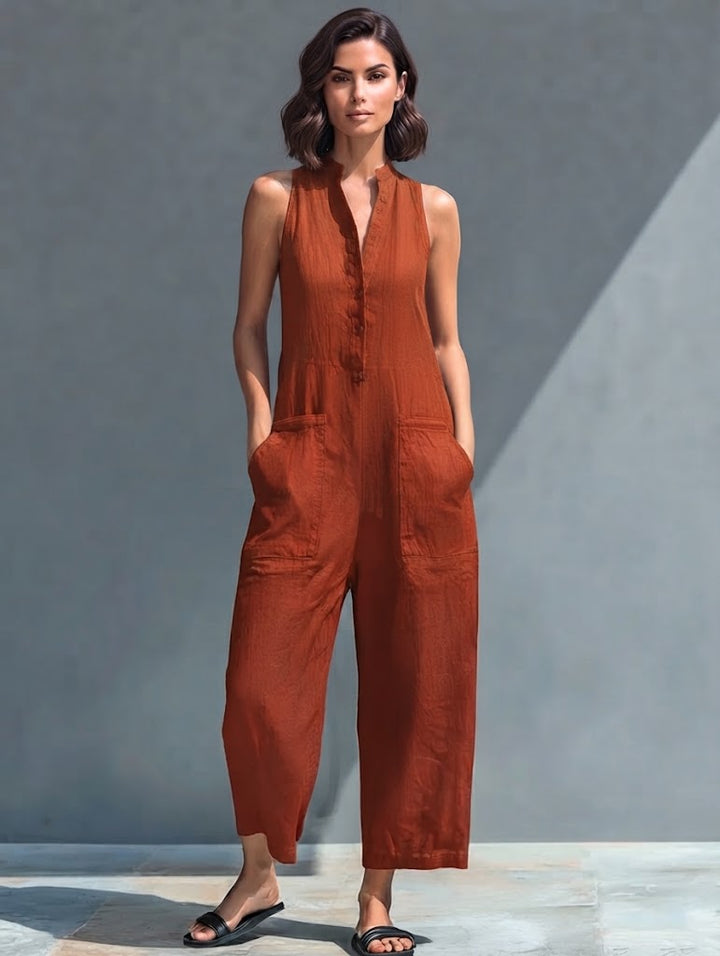 Women's Casual Cotton-Poly Blend Button-Front Sleeveless Jumpsuit