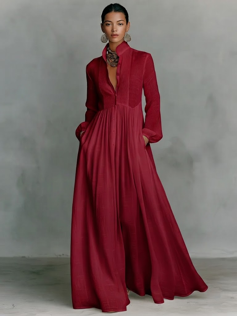 Women's Minimalist Cotton And Linen Patchwork Single-breasted Stand-up Collar Long-sleeved Maxi Dress