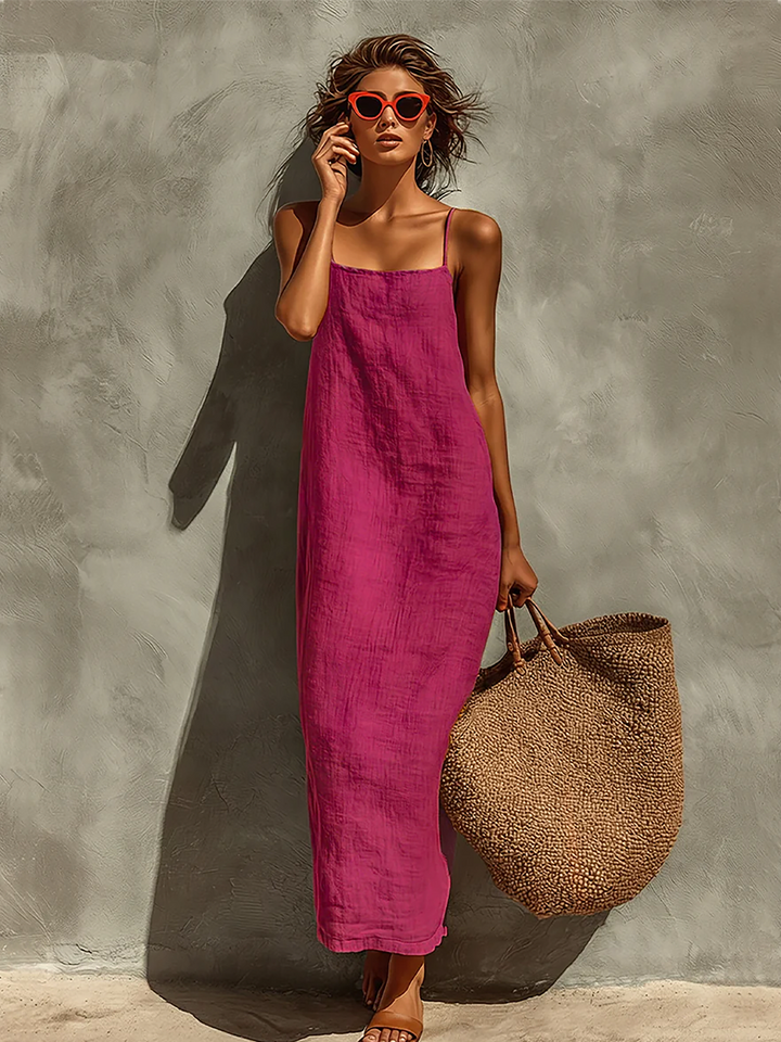 Women's Red Cotton Dress With Spaghetti Straps & Square Neck, Timeless Boho-Resort Style Dress MDZ0924C3I