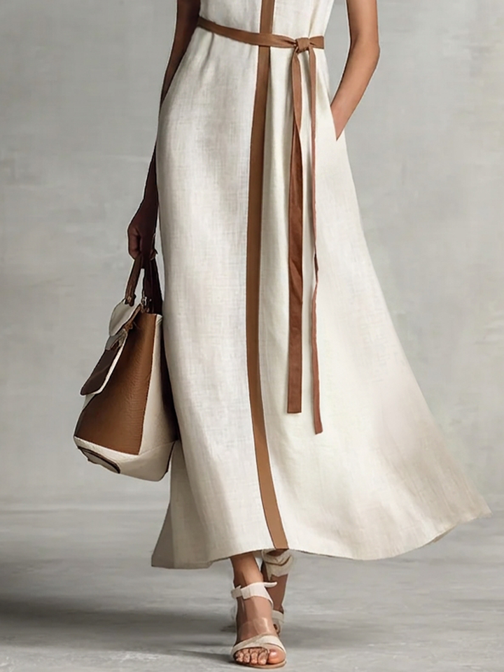 Women's Sleeveless V-Neck Tie-Waist Cotton Linen Maxi Dress MDZ1153B7BA