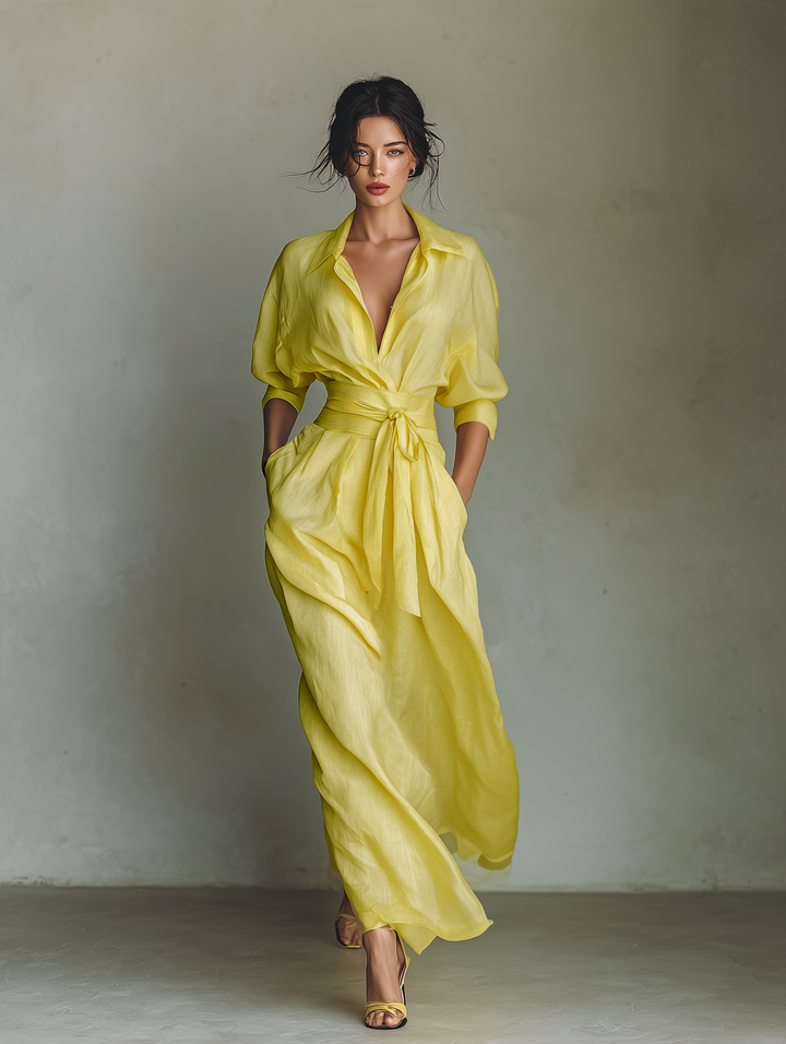 Women's Lemon Yellow Cotton And Linen Blend Maxi Shirt Dress With Tie Waist & Half Sleeves MDZ2884A4T