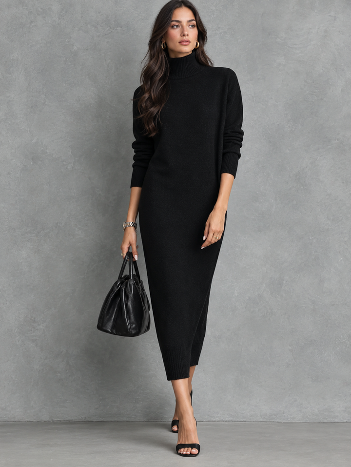 Chic Black Turtleneck Knit Midi Dress - Long Sleeve & Relaxed Fit