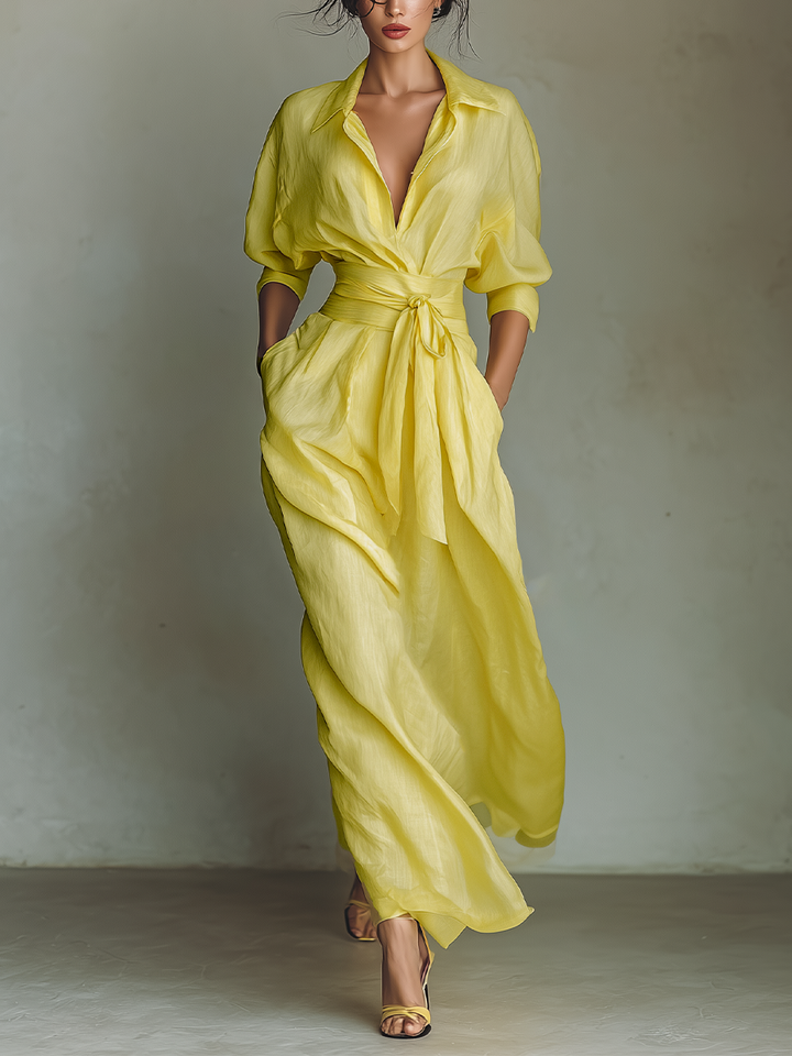 Women's Lemon Yellow Cotton And Linen Blend Maxi Shirt Dress With Tie Waist & Half Sleeves MDZ2884A4T