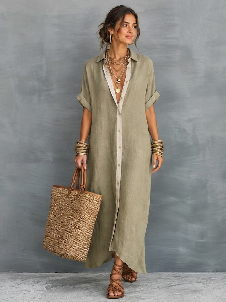Effortless Linen-Blend Short-Sleeve Maxi Shirt Dress