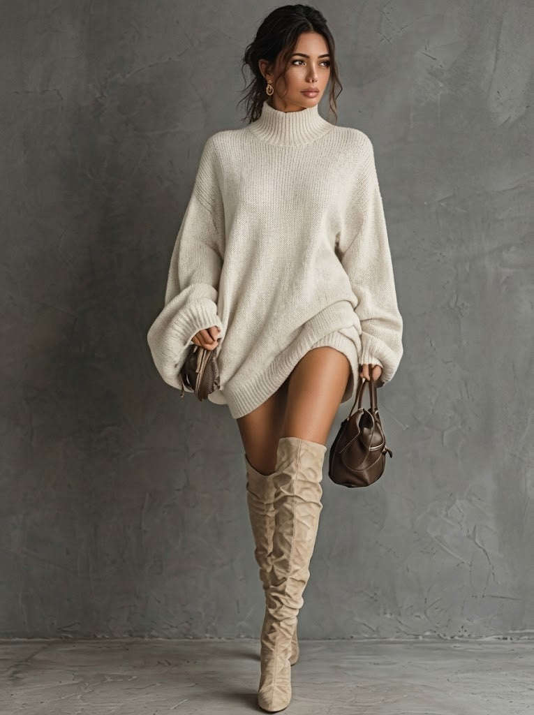 Vintage Caramel Brown Soft-Knit Long-Sleeve Mini Dress