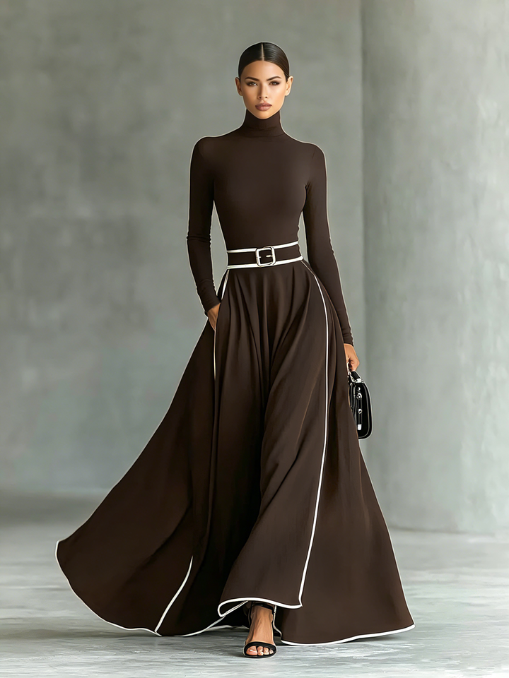 Women's Black Stitching White Trim High Collar Long Sleeve Tight Belt Maxi Dress MDA1031G0Y
