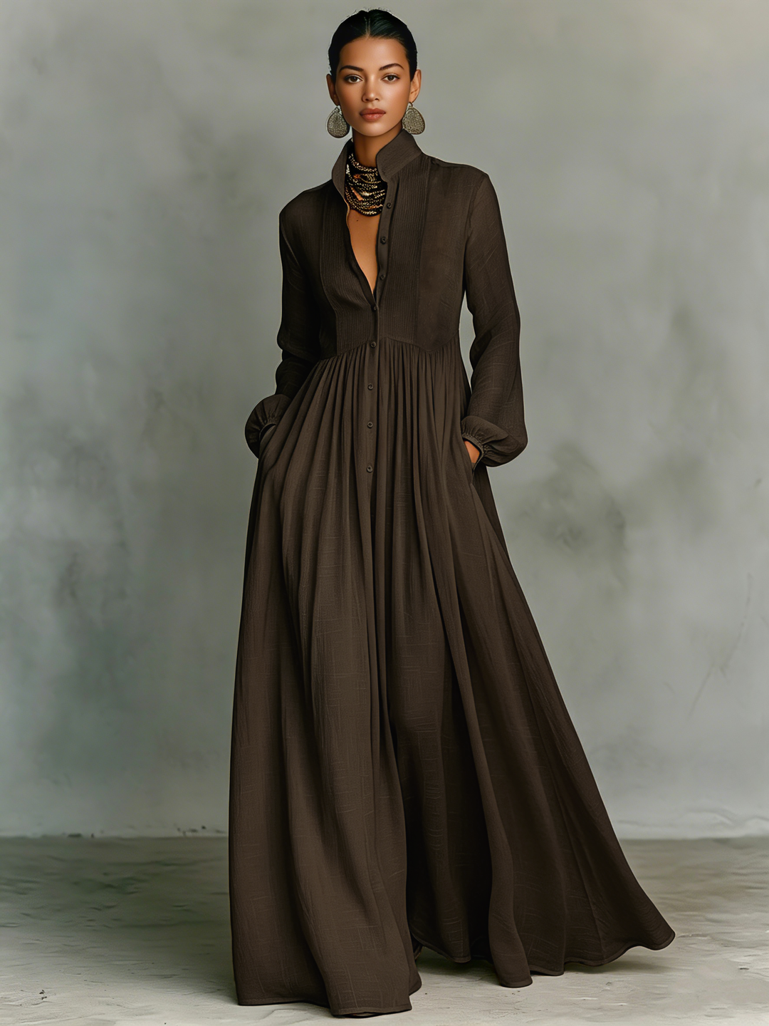Women's Minimalist Cotton And Linen Patchwork Single-breasted Stand-up Collar Long-sleeved Maxi Dress MDA0658K6Y