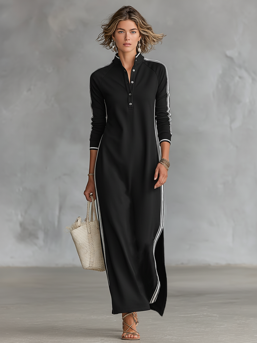 Women's Minimalist White-trimmed Button-down Collar Sweatshirt Maxi Dress MDA0958L0Y