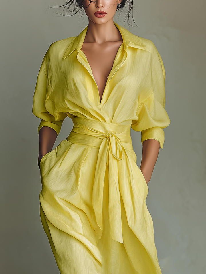 Women's Lemon Yellow Cotton And Linen Blend Maxi Shirt Dress With Tie Waist & Half Sleeves MDZ2884A4T