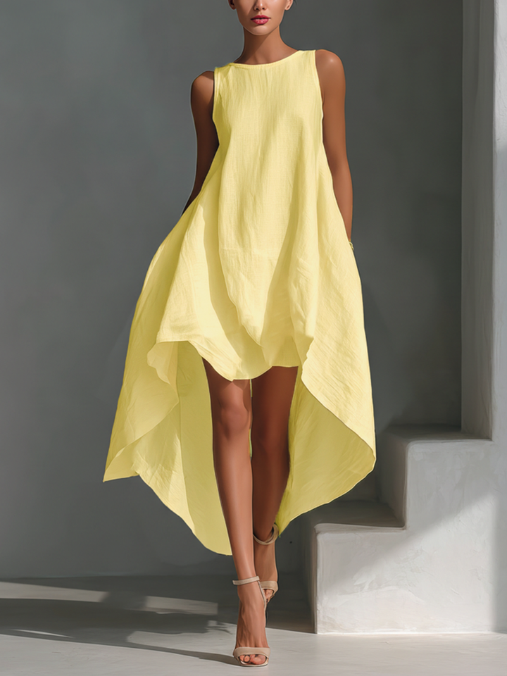 Women's White Linen Fabric Sleeveless Midi Dress With Round Neck & Asymmetric Hem MDZ0987B9T