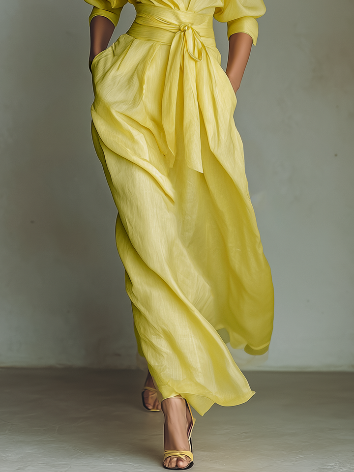 Women's Lemon Yellow Cotton And Linen Blend Maxi Shirt Dress With Tie Waist & Half Sleeves MDZ2884A4T