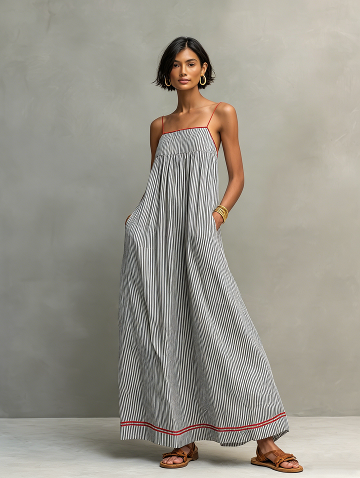 Women's Minimalist Striped Maxi Dress With Red Trim And Spaghetti Straps MDZ2710C3Y