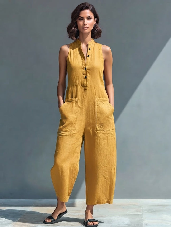 Women's Casual Cotton-Poly Blend Button-Front Sleeveless Jumpsuit