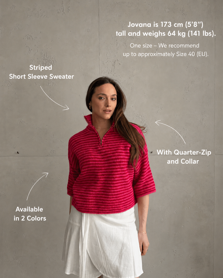 Bilgola - Striped short-sleeved sweater with quarter zip and collar