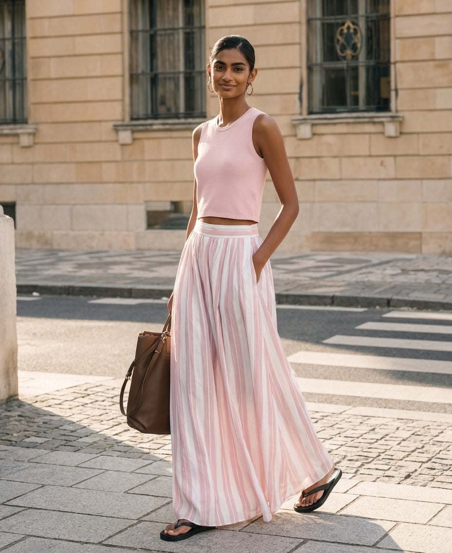 Women's Casual Pink Stretch-knit Sleeveless Round-neck Top Paired With A Woven Pink Printed Maxi Skirt MDZ0986G3LXY