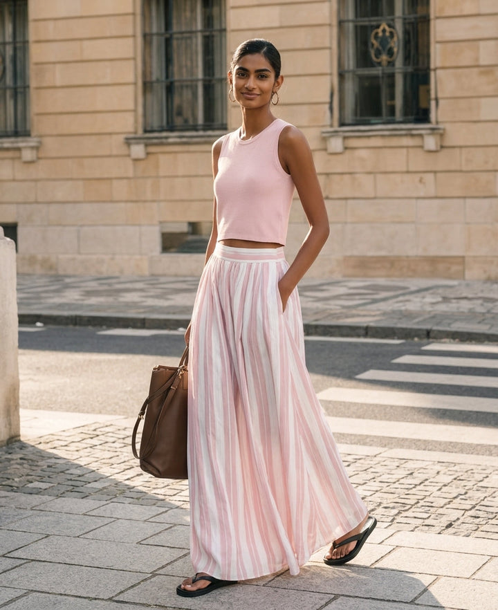 Women's Casual Pink Stretch-knit Sleeveless Round-neck Top Paired With A Woven Pink Printed Maxi Skirt MDZ0986G3LXY