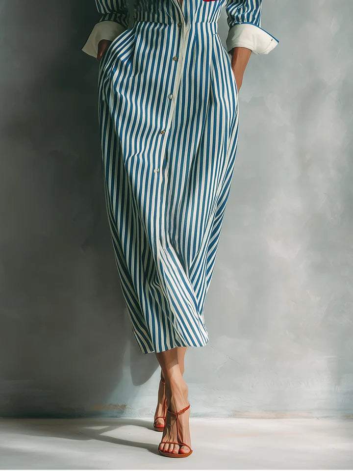 Classic Blue Striped Cotton Maxi Shirt Dress with Accent Pocket