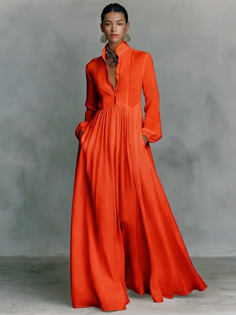 Women's Minimalist Cotton And Linen Patchwork Single-breasted Stand-up Collar Long-sleeved Maxi Dress