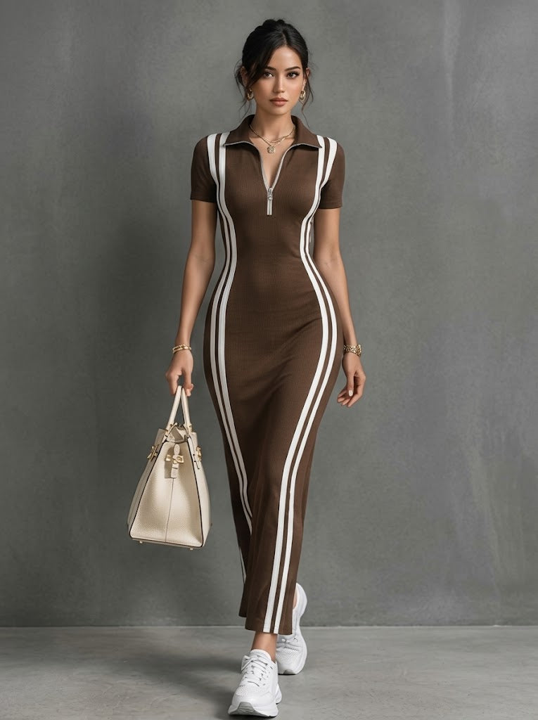 Women's Grey Zip-Polo Side-Stripe Stretchy Maxi Dress