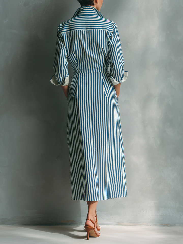 Women's Blue And White Cotton Blend Striped Shirt Dress With Red Chest Pocket MDZ1286C2T