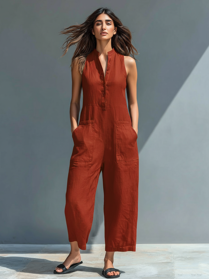 Women's Minimalist Linen Blend Button-up Stand-collar Sleeveless Loose Jumpsuit MDZ2725A5Y