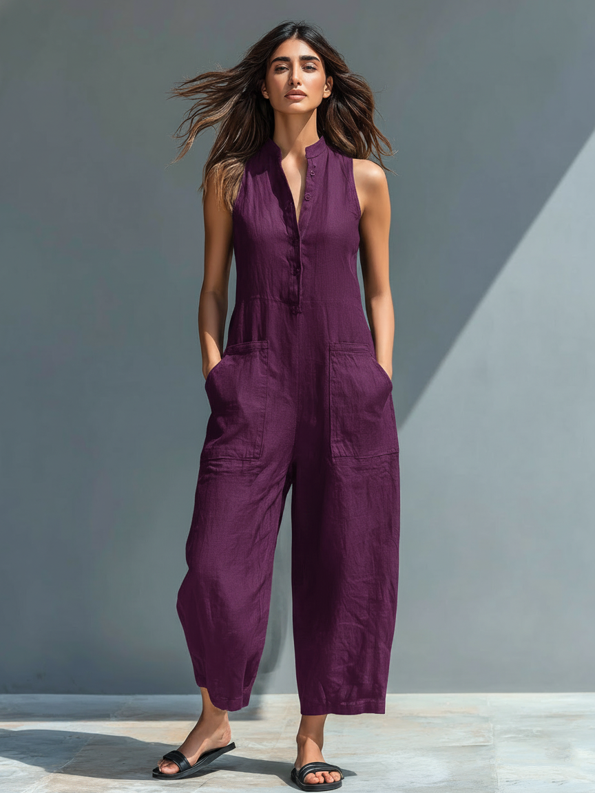 Women's Minimalist Linen Blend Button-up Stand-collar Sleeveless Loose Jumpsuit MDZ2725A5Y