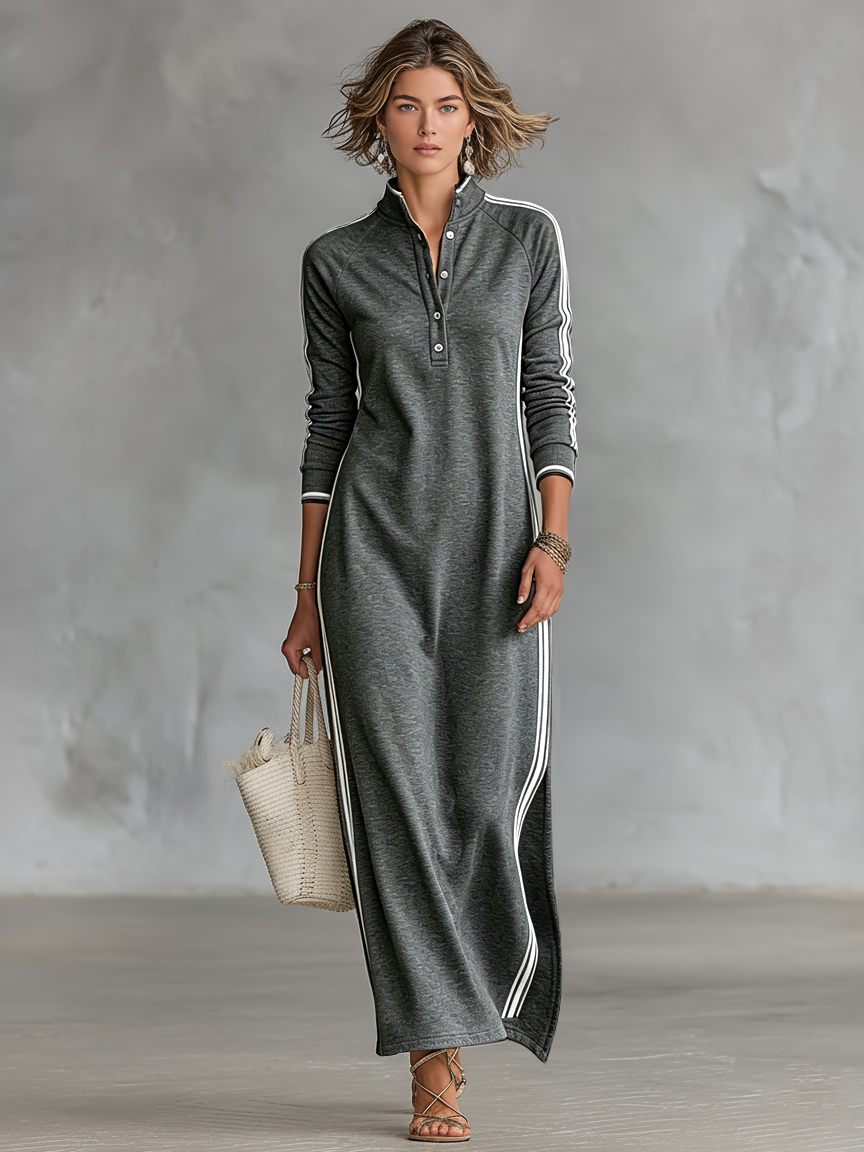 Women's Minimalist White-trimmed Button-down Collar Sweatshirt Maxi Dress MDA0958L0Y