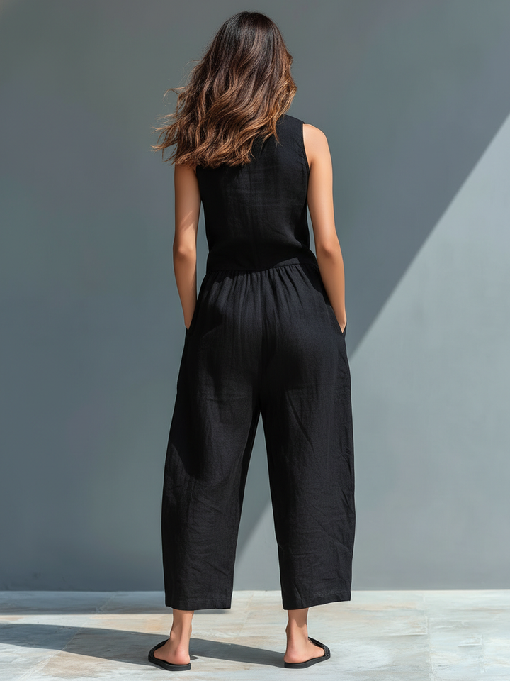 Women's Minimalist Linen Blend Button-up Stand-collar Sleeveless Loose Jumpsuit MDZ2725A5Y
