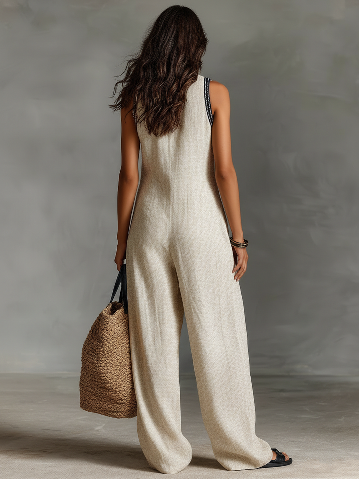 Women's Minimalist Linen Blend Sleeveless Jumpsuit With Zipper And Stand Collar, Featuring Embroidery MDZ0627B3Y