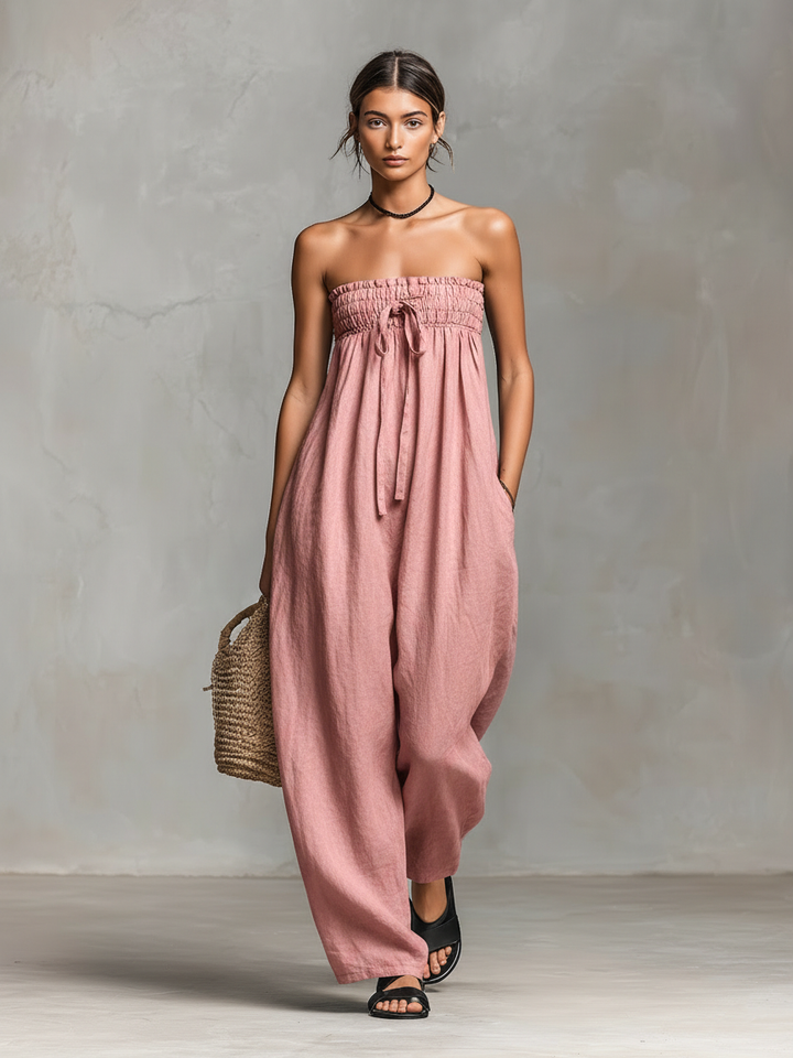 Women's Minimalist Loose-fitting Linen Blend Strapless Jumpsuit With Tie Closure MDZ2024A9Y