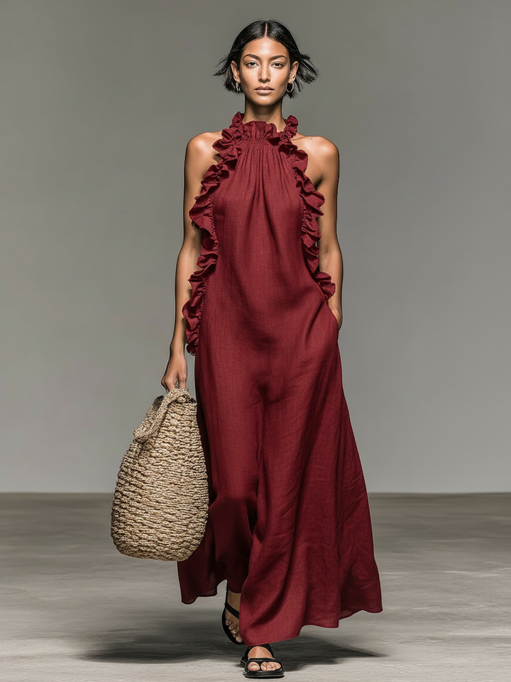 Women's Minimalist Linen-blend Sleeveless Maxi Dress With Ruffle Details MDZ1622A0Y