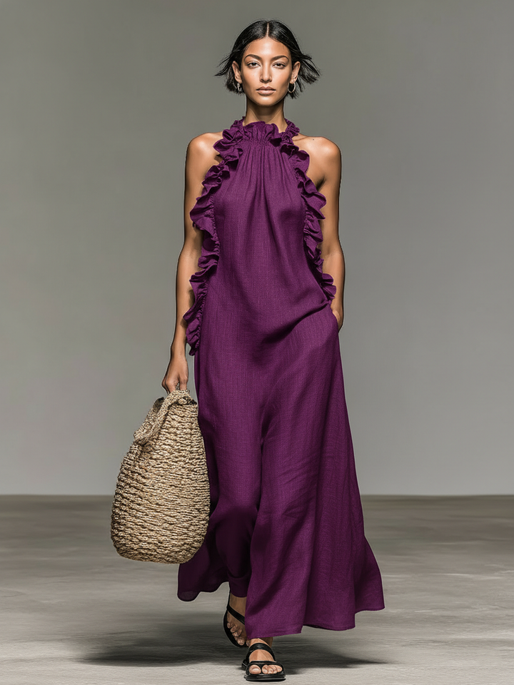 Women's Minimalist Linen-blend Sleeveless Maxi Dress With Ruffle Details MDZ1622A0Y