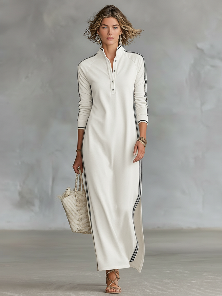 Women's Minimalist White-trimmed Button-down Collar Sweatshirt Maxi Dress MDA0958L0Y