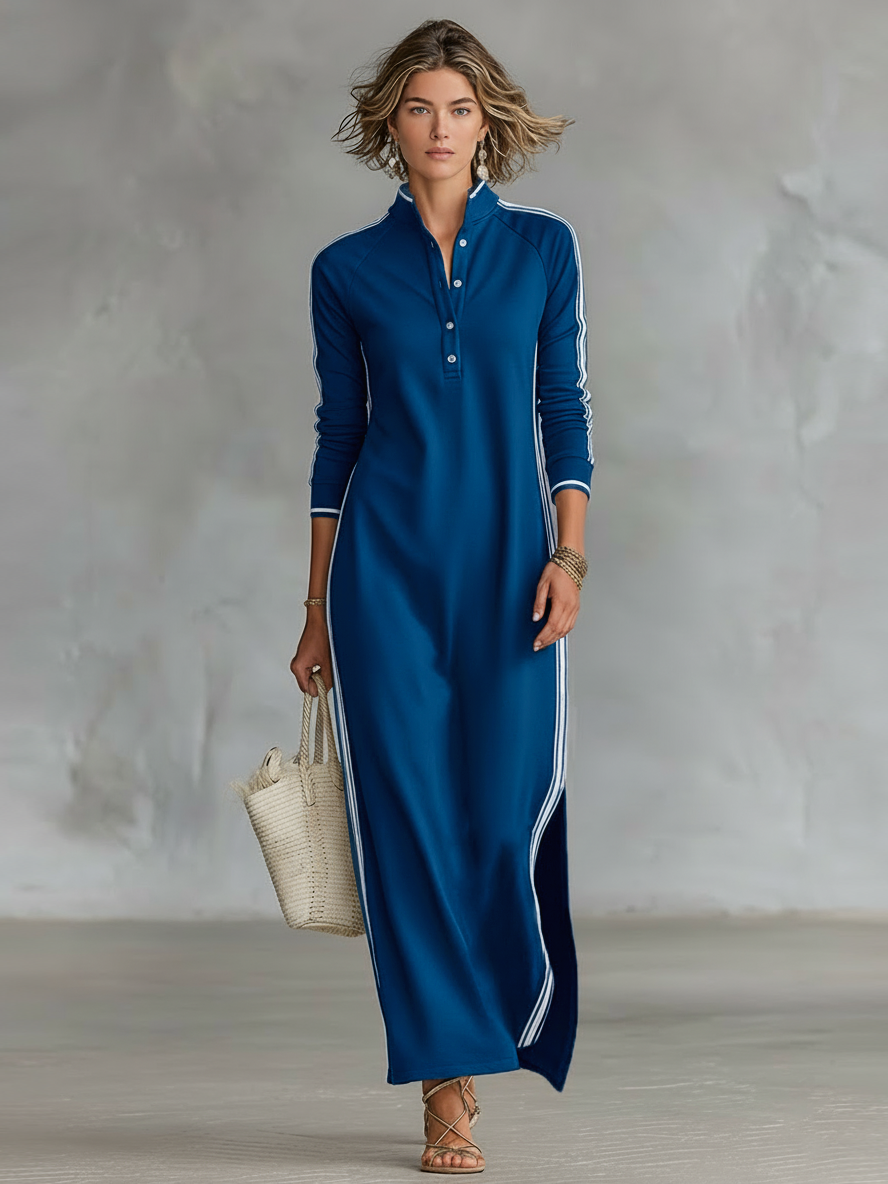 Women's Minimalist White-trimmed Button-down Collar Sweatshirt Maxi Dress MDA0958L0Y