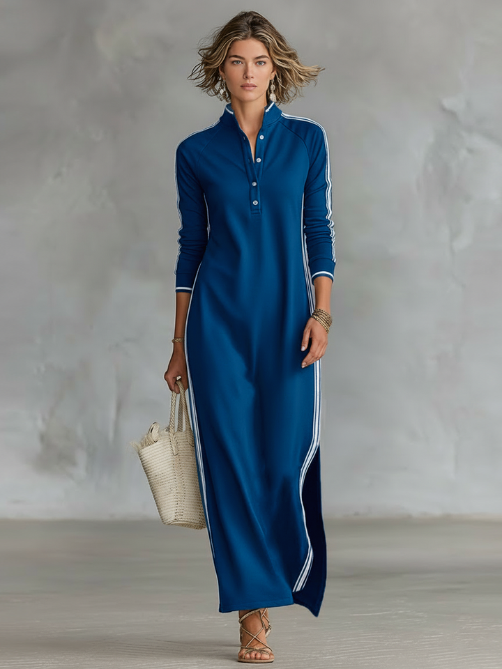 Women's Minimalist White-trimmed Button-down Collar Sweatshirt Maxi Dress MDA0958L0Y