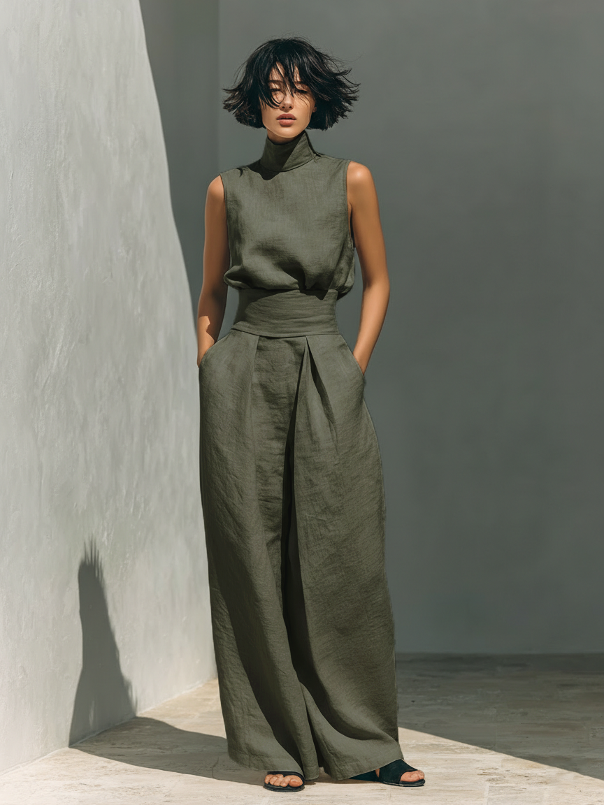 Women's Minimalist Cotton And Linen Blend Sleeveless Blouse And Wide-leg Pants Set MDZ0873A5Y